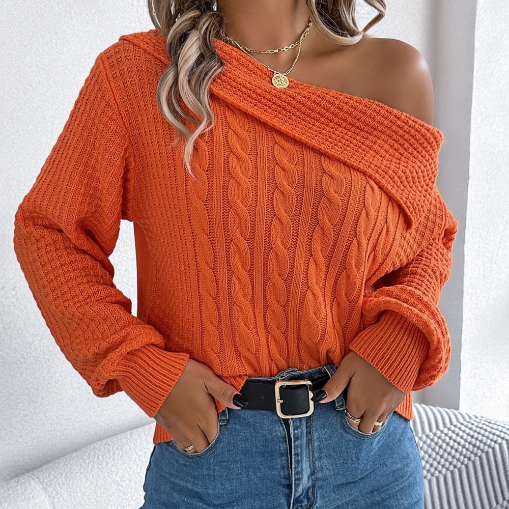 Women's Off-Shoulder Rust Sweater - Picture 7 of 11